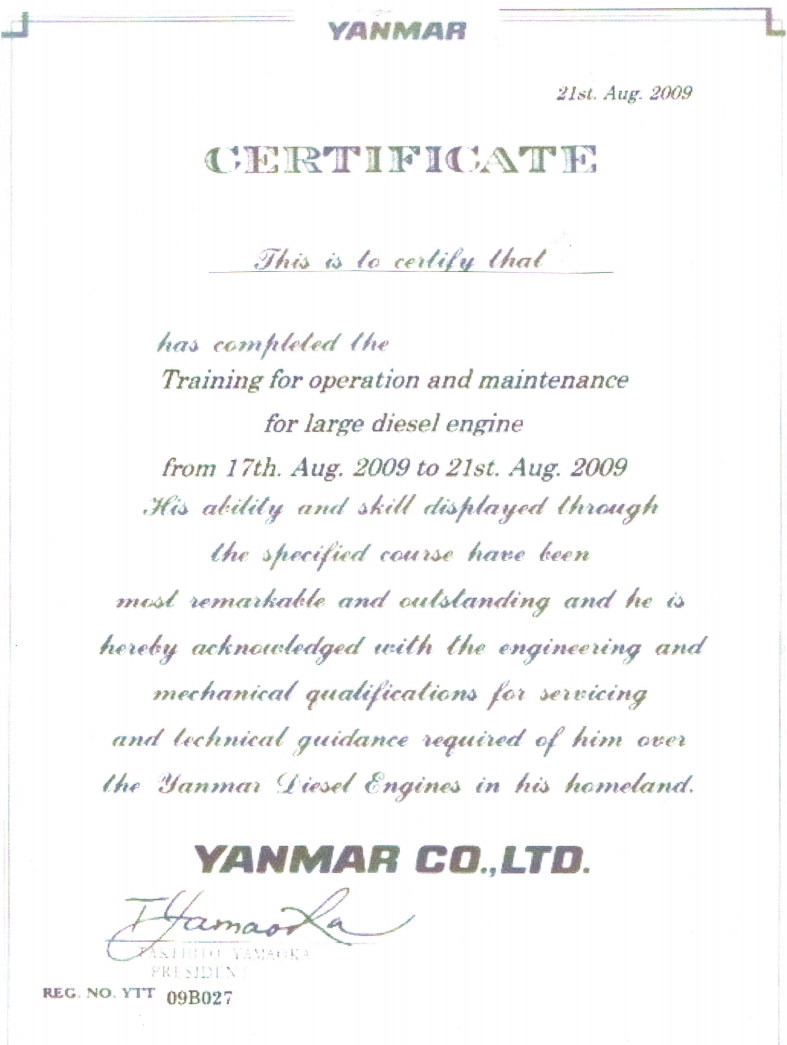 Yanmar operation and maintenance for large diesel engine certifacate